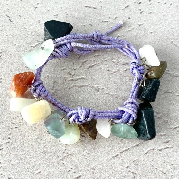 Gemstone Nugget Bracelet - Multi Charm - Purple Waxed Woven Cord - Picture 2 of 3
